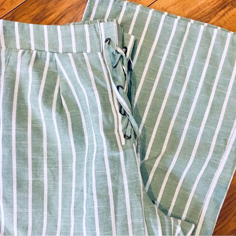 Wide leg crop linen pants sage green white stripes striped beach cottage…